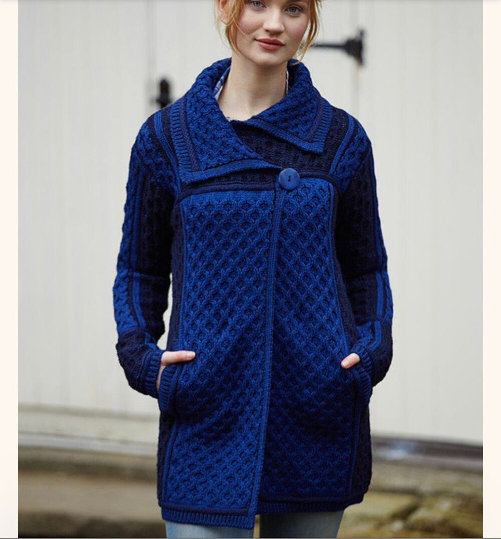 Aran Crafts Ireland 100% Merino Wool Blue Cable Knit Cardigan Jacket M